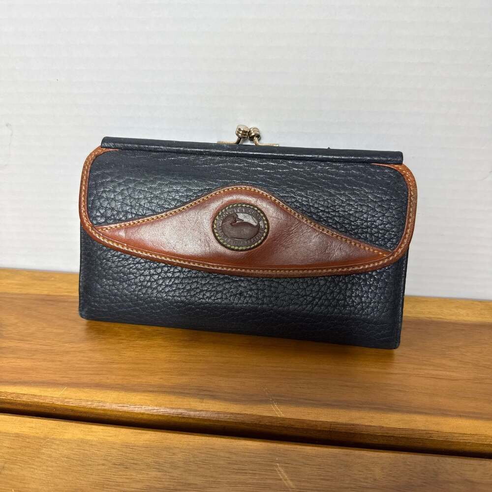 Vintage Dooney & Bourke All Weather Leather Wallet Navy & Tan Kiss Lock